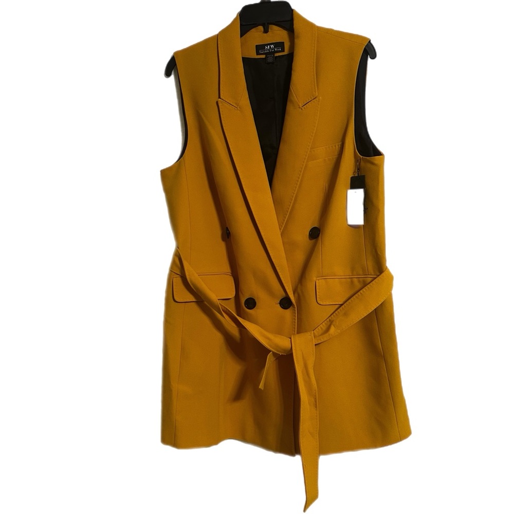 Mustard Double-Breasted Sleeveless Blazer with Belt